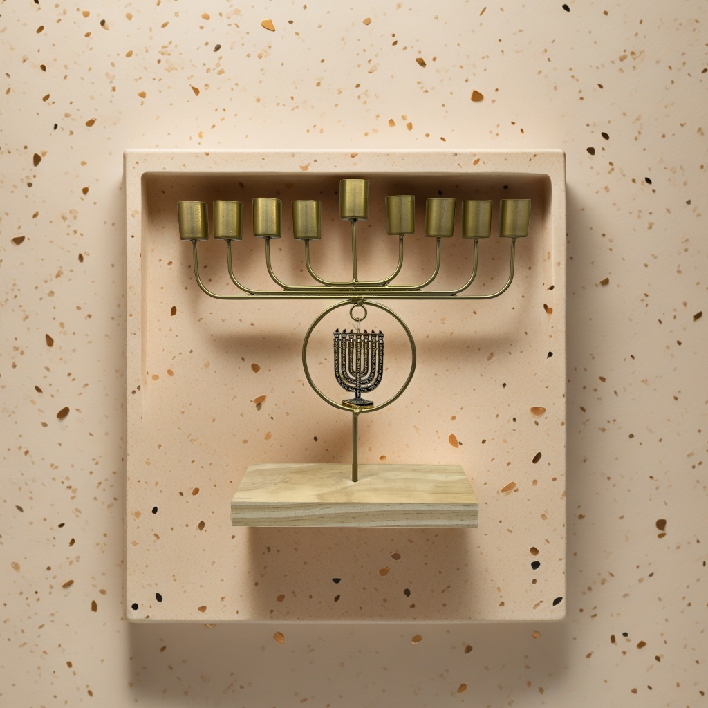A golden nine-branch candlestick with a wooden base for hanging Jewish menorah ornaments Application Scenario