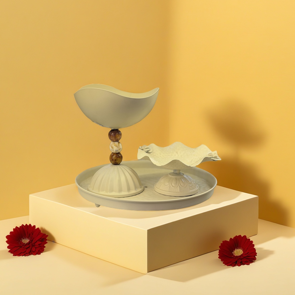 SANCAI white tray, double-layer decorated fruit plate, wavy bowl-shaped container, wooden beaded base Specification image