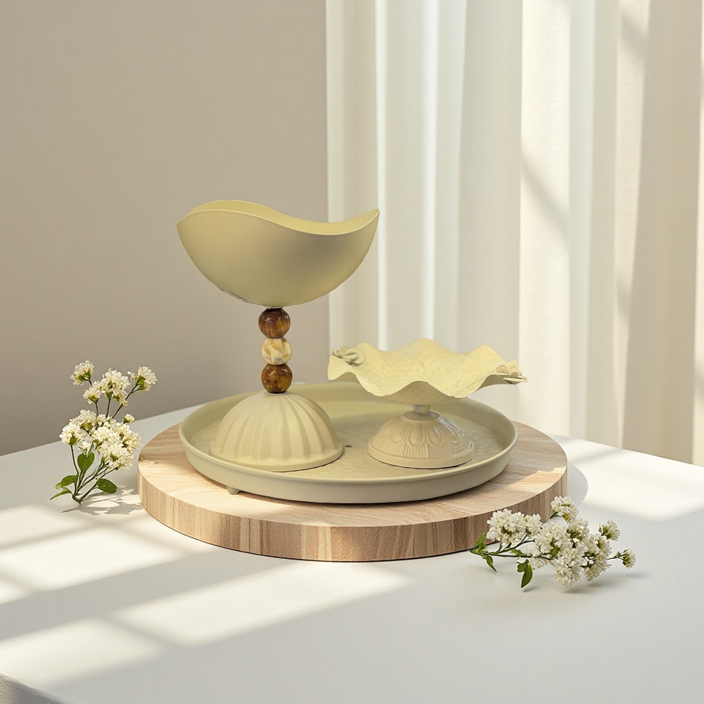 SANCAI white tray, double-layer decorated fruit plate, wavy bowl-shaped container, wooden beaded base
