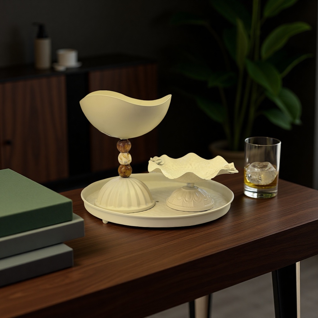 SANCAI white tray, double-layer decorated fruit plate, wavy bowl-shaped container, wooden beaded base details Picture