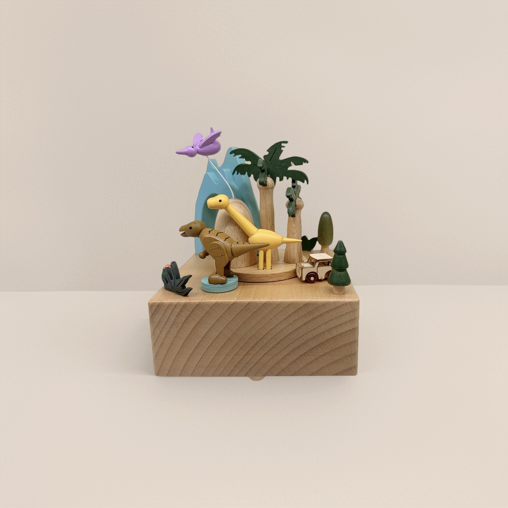 Wooden dinosaur-themed music box rotating sound-emitting decorative item, children's birthday gift Application Scenario