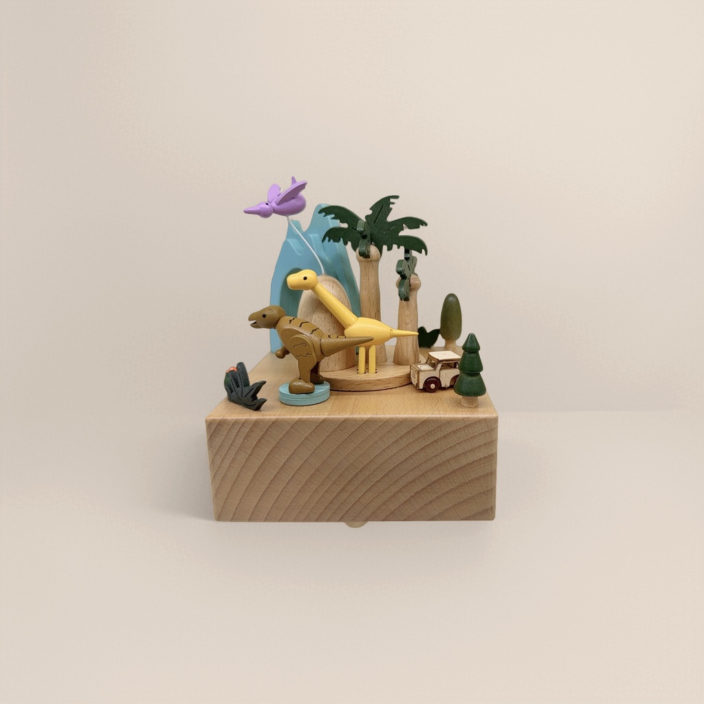 Wooden dinosaur-themed music box rotating sound-emitting decorative item, children's birthday gift