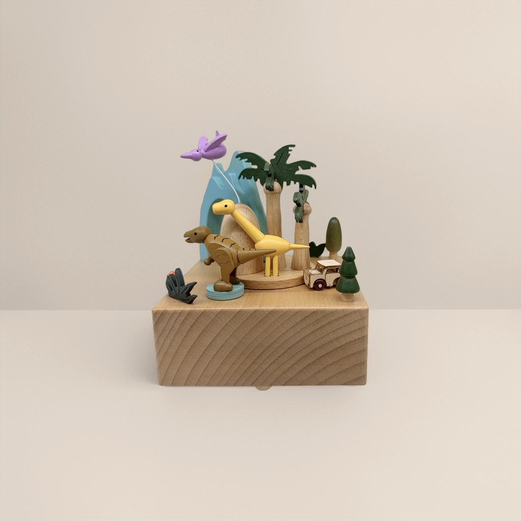Wooden dinosaur-themed music box rotating sound-emitting decorative item, children's birthday gift details Picture