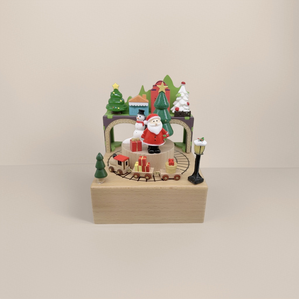 Wooden Christmas-themed music box, Santa Claus, Snowman, little train, Christmas tree, house decoration