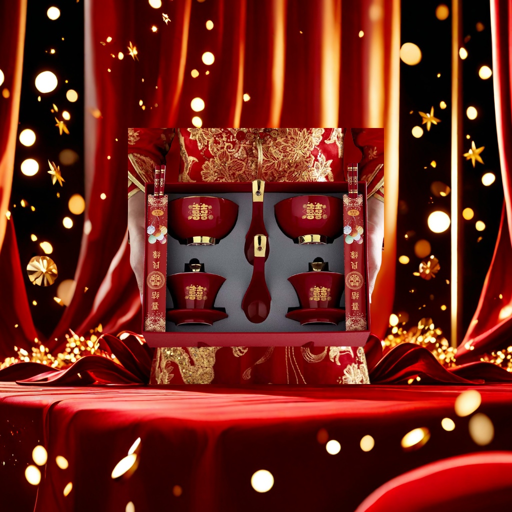 Red wedding tableware set: Double Happiness Bowl, covered bowl, soup spoon, chopsticks, red gift box Specification image