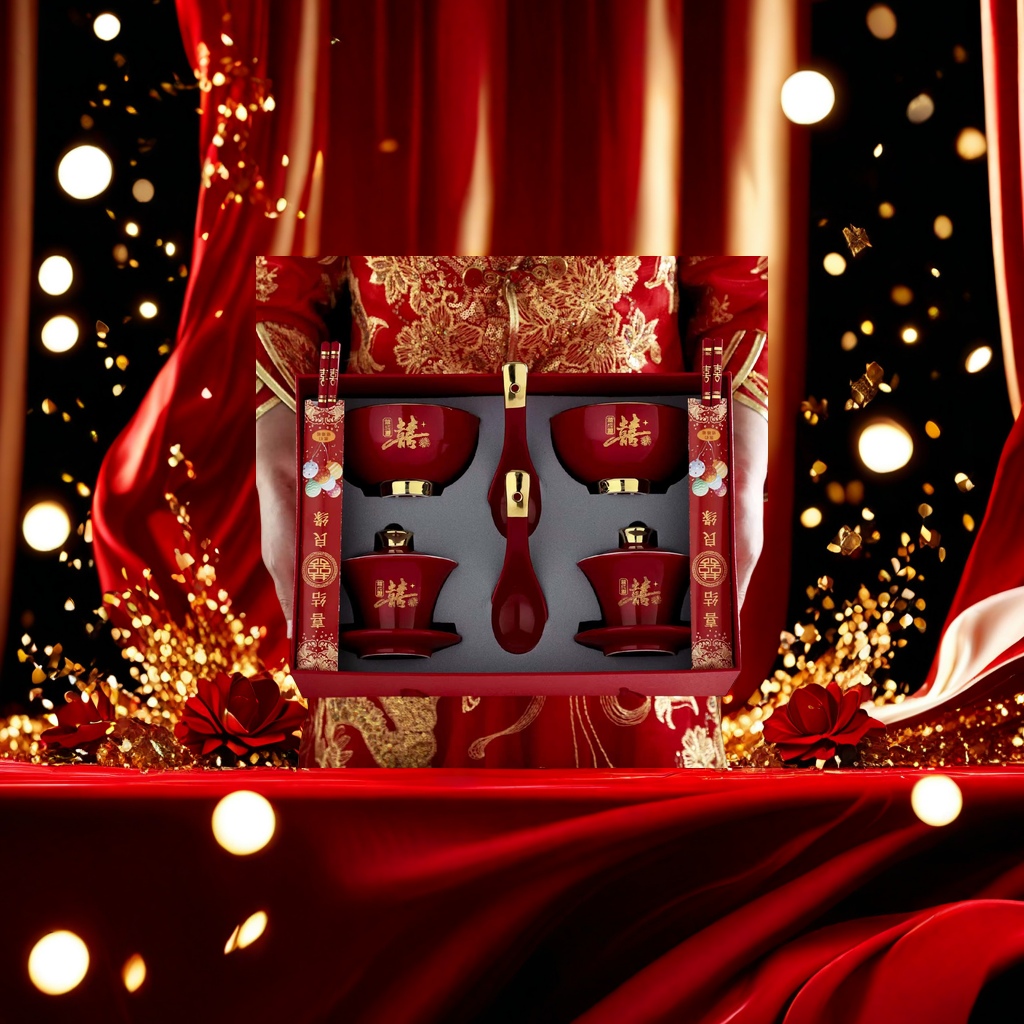 Red wedding tableware set: Double Happiness Bowl, covered bowl, soup spoon, chopsticks, red gift box Application Scenario