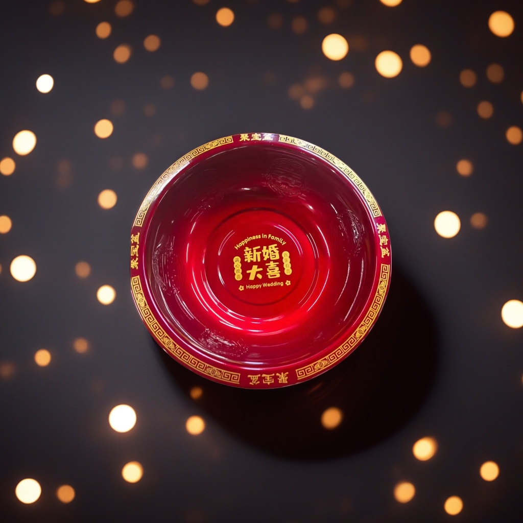 The red treasure basin with the golden words "Happiness in Family Happy Wedding" is decorated with a meander pattern