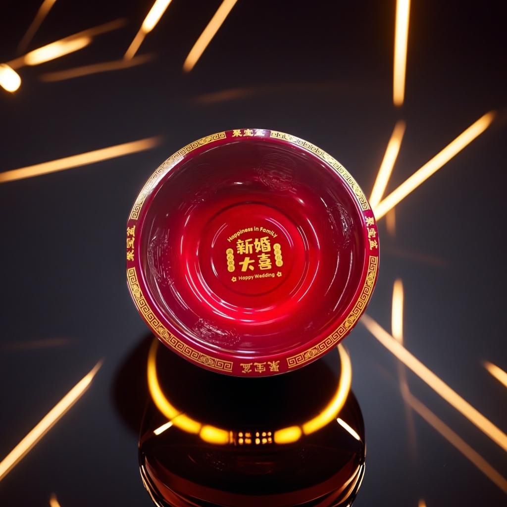 The red treasure basin with the golden words "Happiness in Family Happy Wedding" is decorated with a meander pattern details Picture