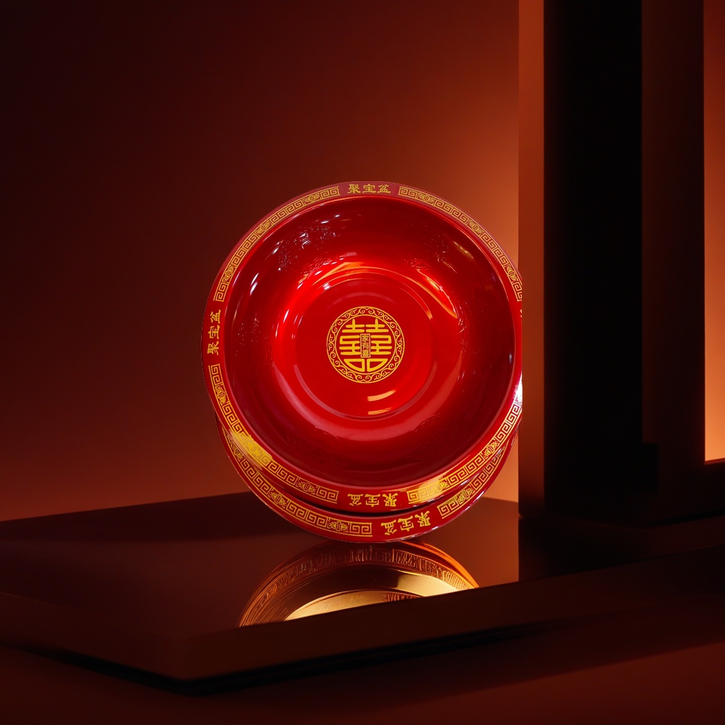 The red treasure basin with the golden words "Happiness in Family Happy Wedding" is decorated with a meander pattern Application Scenario