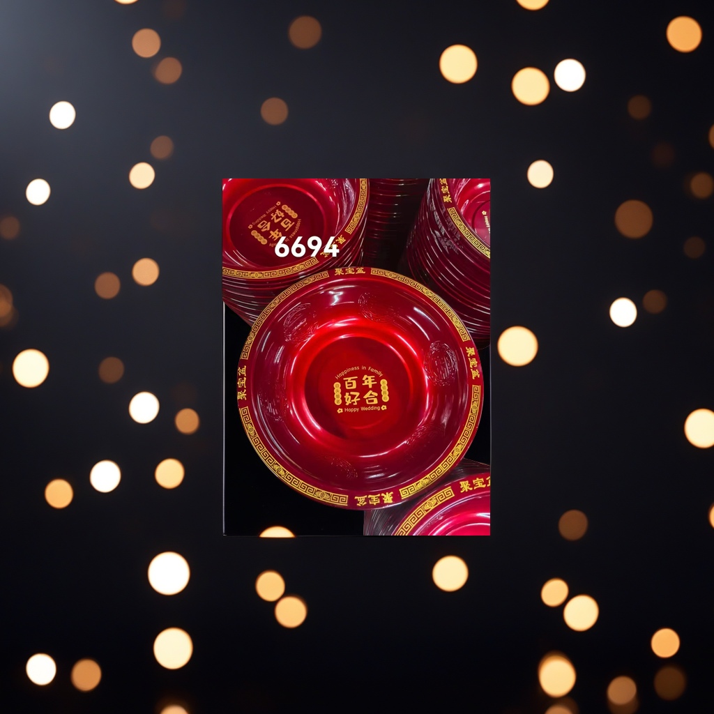 The red treasure basin with the golden words "Happiness in Family Happy Wedding" is decorated with a meander pattern Specification image