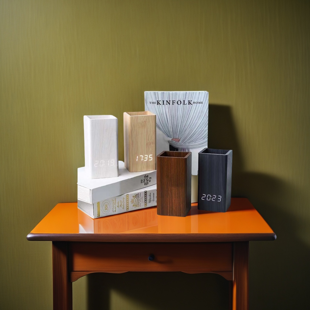 جهاز توقيت مكتبي متعدد الأغراض بساعة رقمية خشبية Specification image
