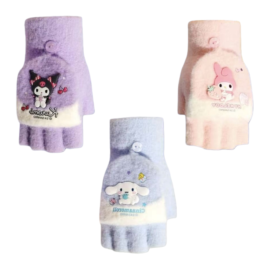 Kuromi Melody Cinnamon Dog three-color cartoon gloves available in purple, pink and gray Item Picture