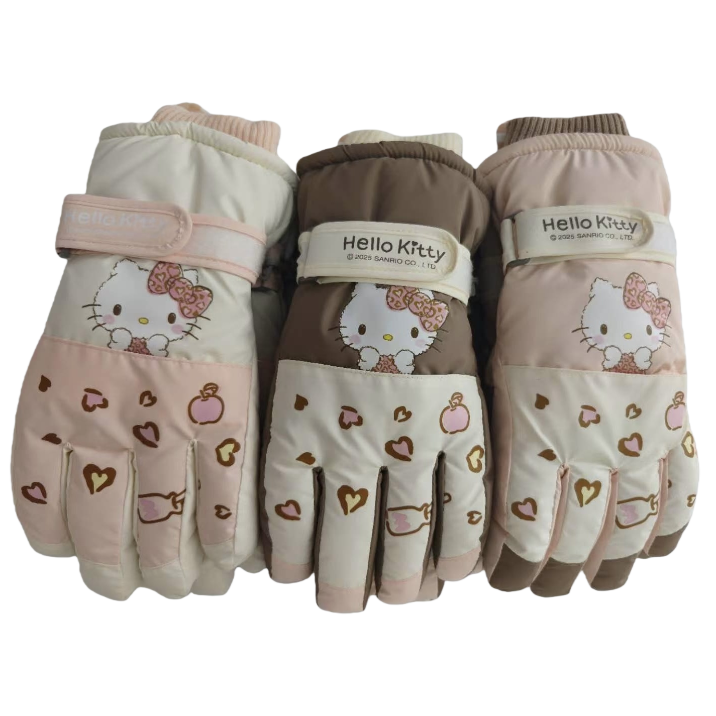 Three pairs of pink and beige patchwork Hello Kitty children's warm gloves, officially authorized by Hello Kitty Item Picture