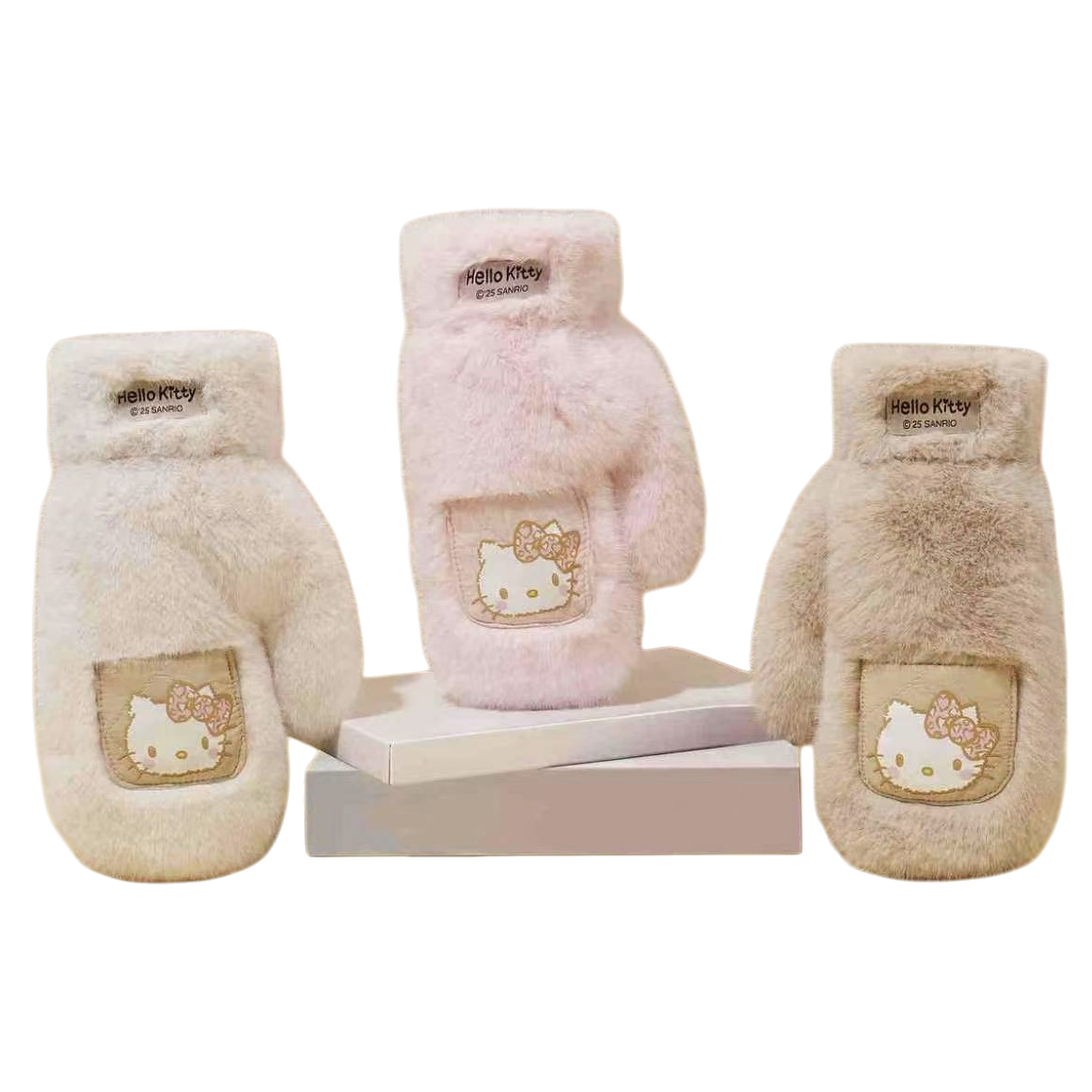 Pink plush gloves with Hello Kitty embroidered pocket labels are displayed from three angles Item Picture