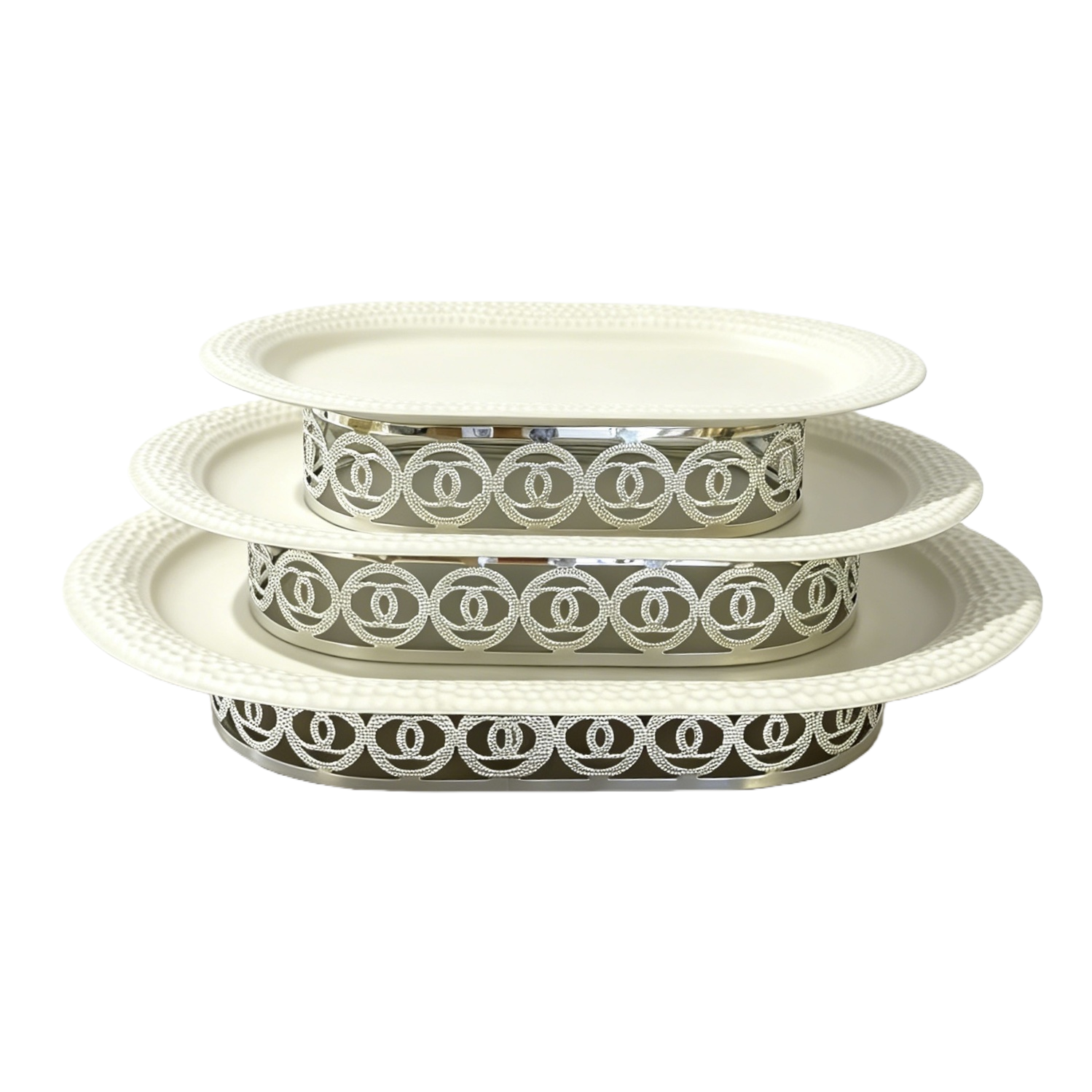 SANCAI white oval stacked tray, silver double C logo decorated tray Item Picture