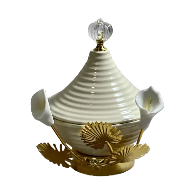 SANCAI beige striped ceramic lid jar with golden metal base leaves decorated with white calla lily crystal top beads Application Scenario