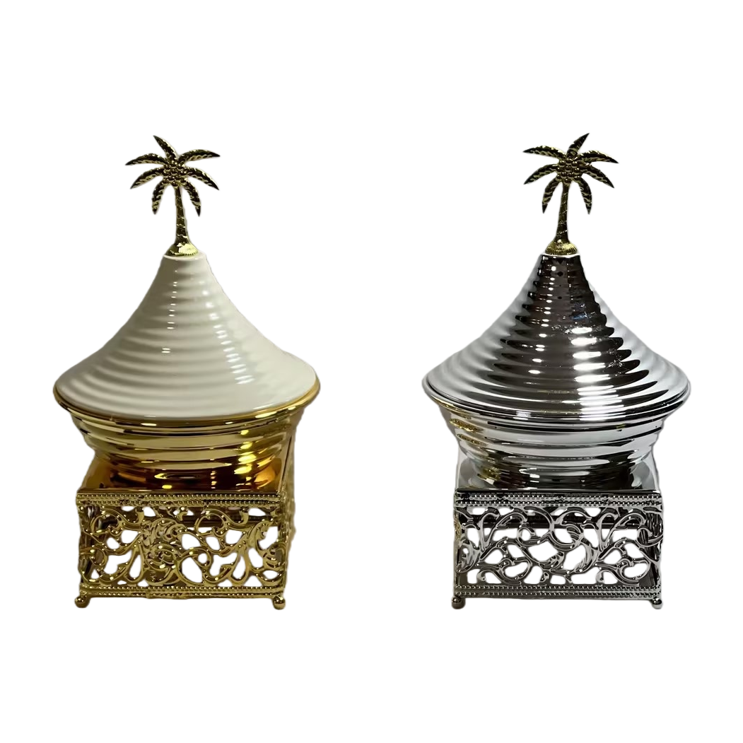 SANCAI incense burner with a golden and silver palm tree top decoration and a hollowed-out base Application Scenario
