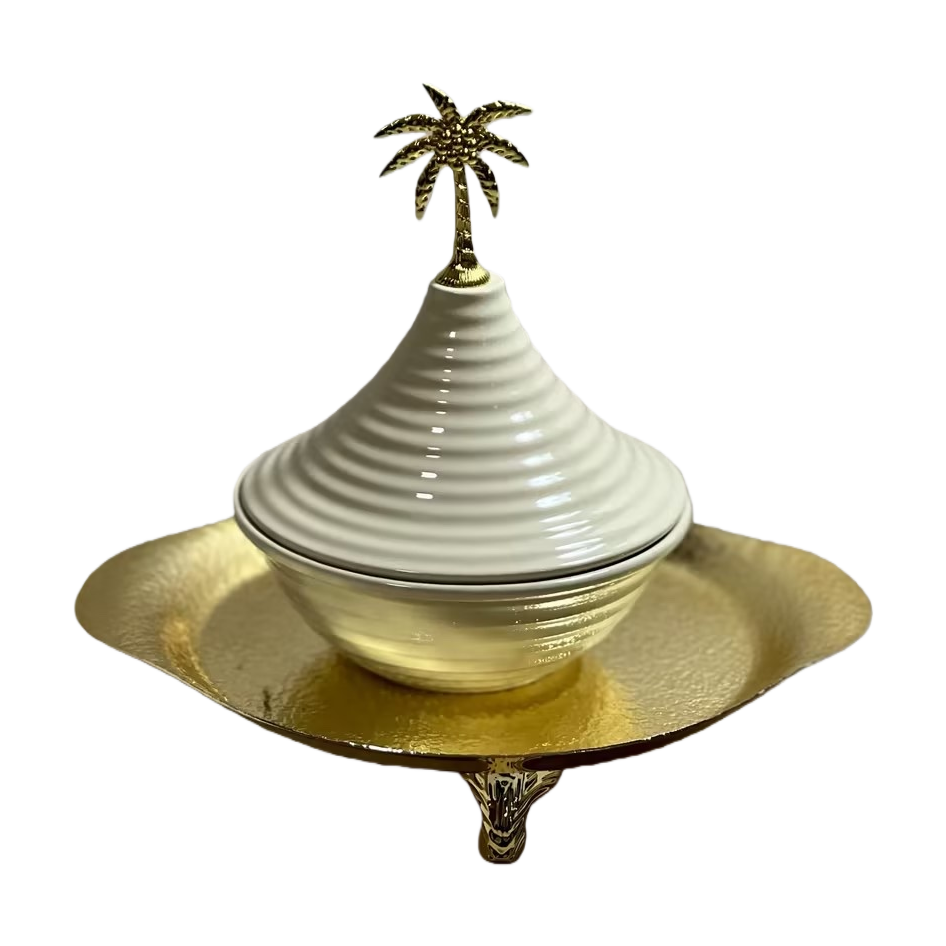 SANCAI white and gold palm tree-topped ceramic bowl with a gold tray Application Scenario