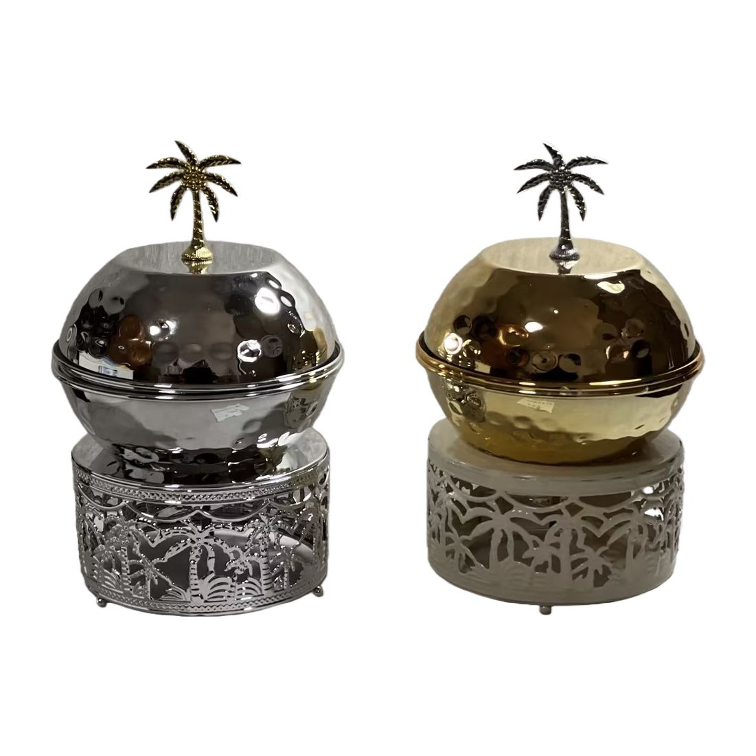 SANCAI silver and gold palm tree round covered container with hollowed-out palm base Item Picture