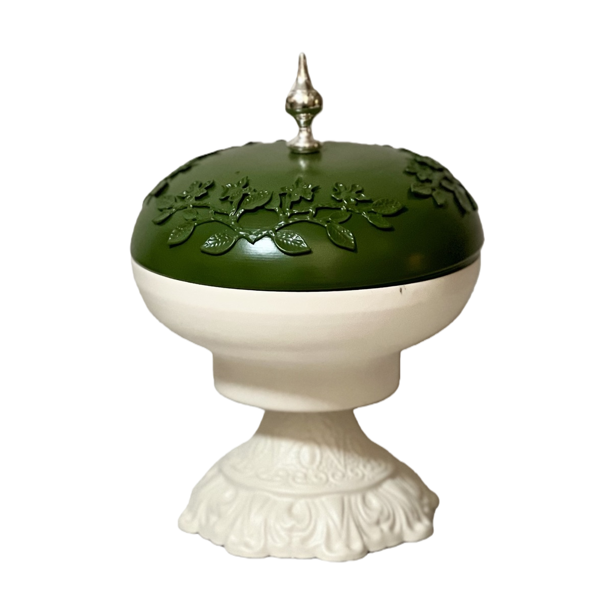 SANCAI is a decorative vessel with a green lid, white base and silver top decoration Specification image