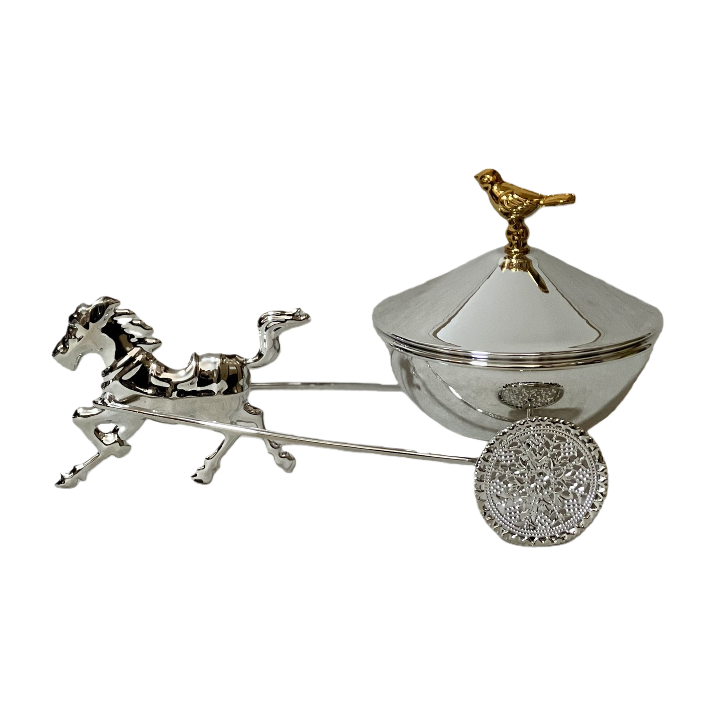 SANCAI silver carriage ornament with a horse pulling a cart and a golden bird top decoration Item Picture