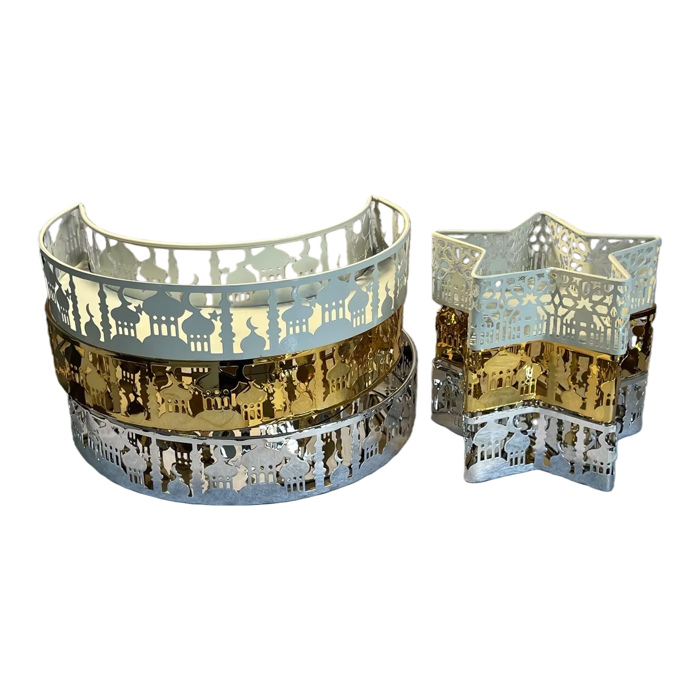 White hollowed-out star-shaped semi-circular Islamic architectural pattern carved decorative item with a gold and silver base Item Picture