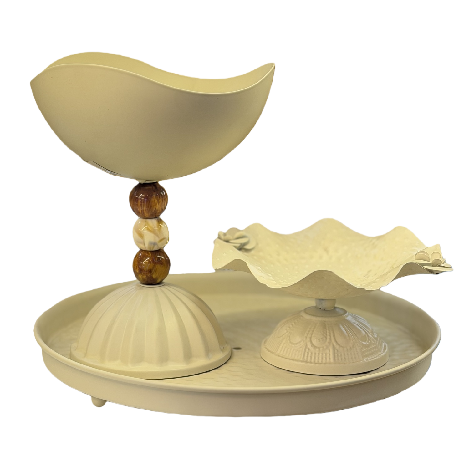 SANCAI white tray, double-layer decorated fruit plate, wavy bowl-shaped container, wooden beaded base Application Scenario