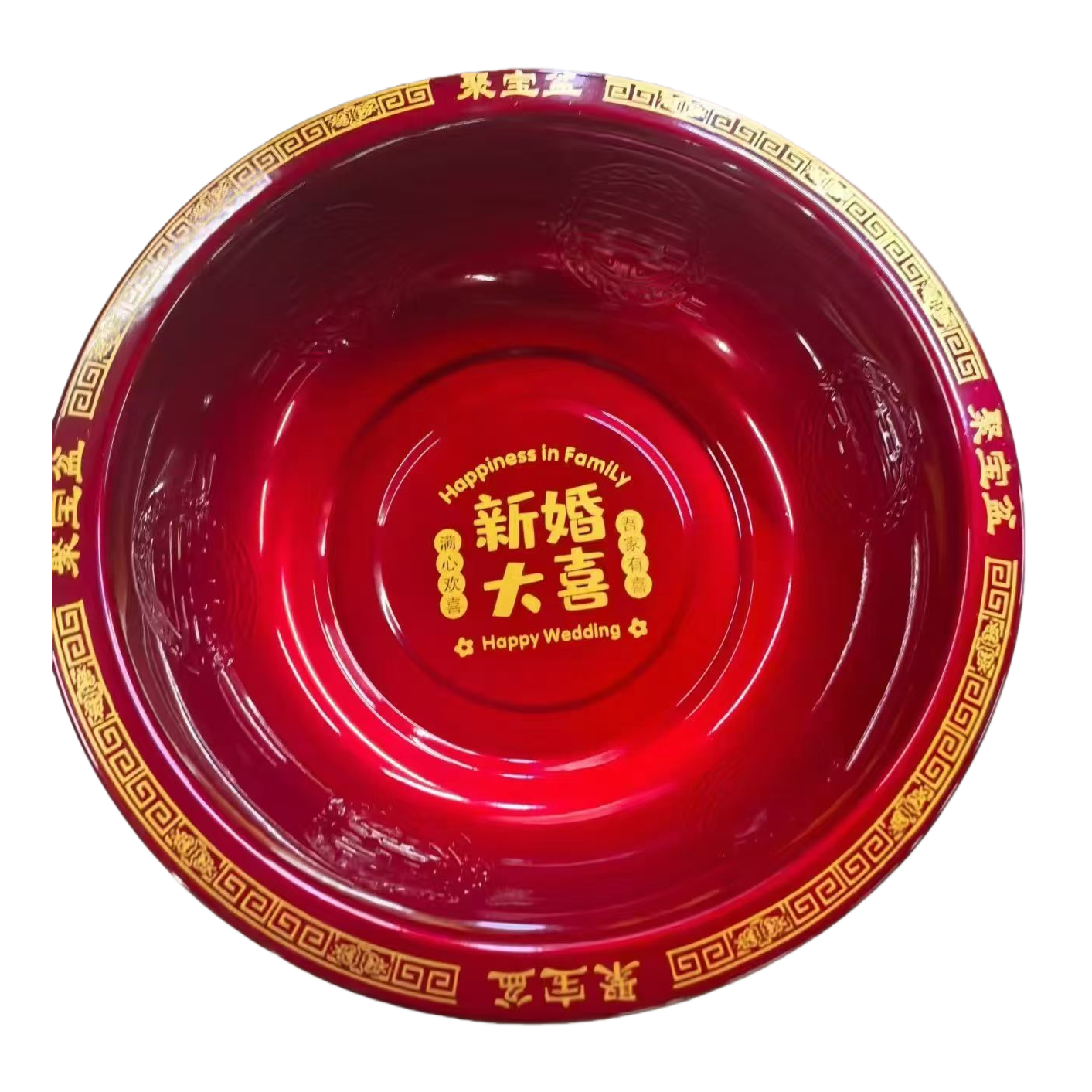The red treasure basin with the golden words "Happiness in Family Happy Wedding" is decorated with a meander pattern Item Picture