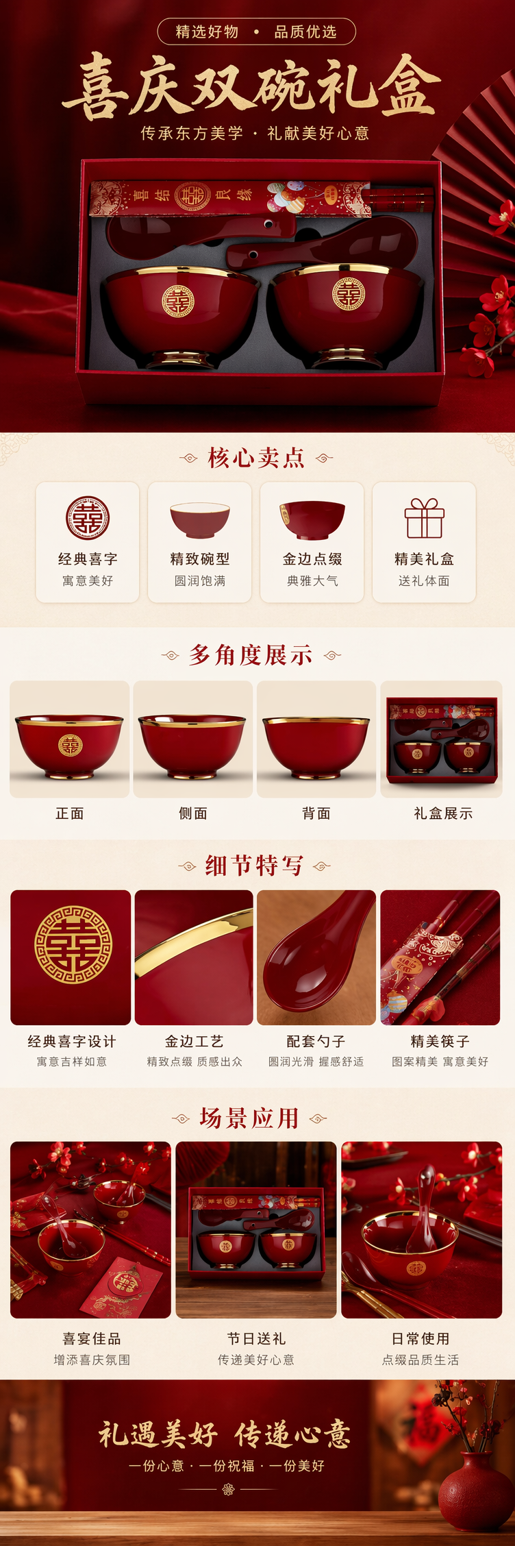 Red wedding tableware set, 6-piece ceramic underglaze color wedding banquet home set pic 1