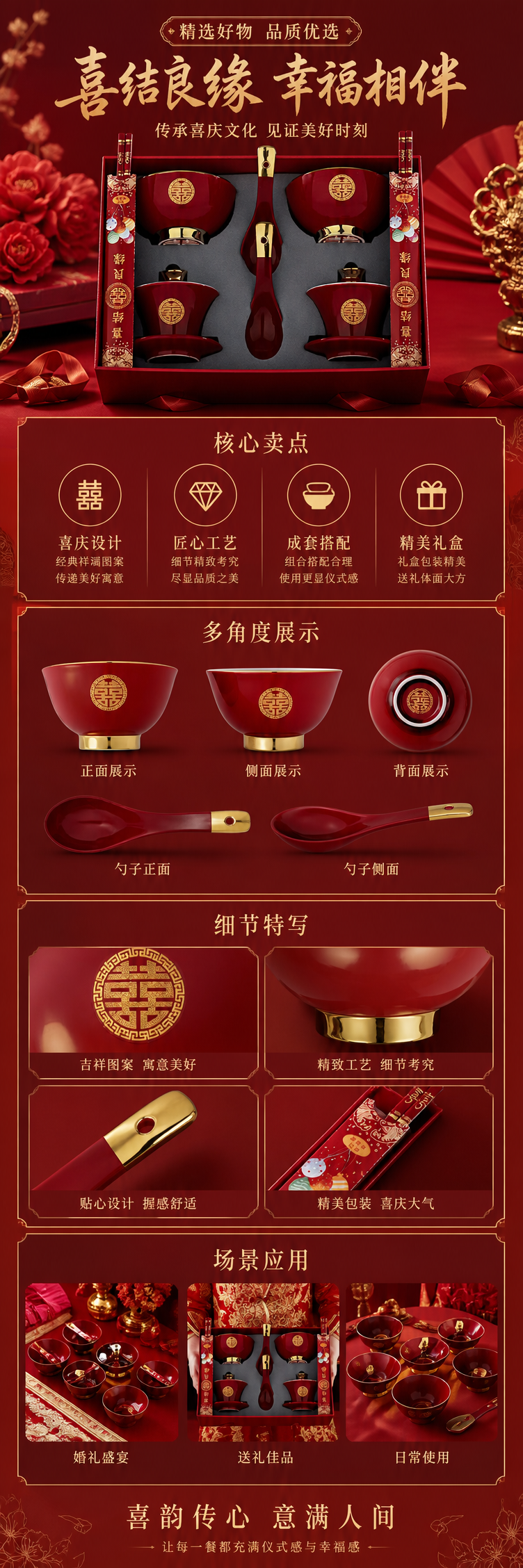 Red wedding tableware set: Double Happiness Bowl, covered bowl, soup spoon, chopsticks, red gift box pic 1