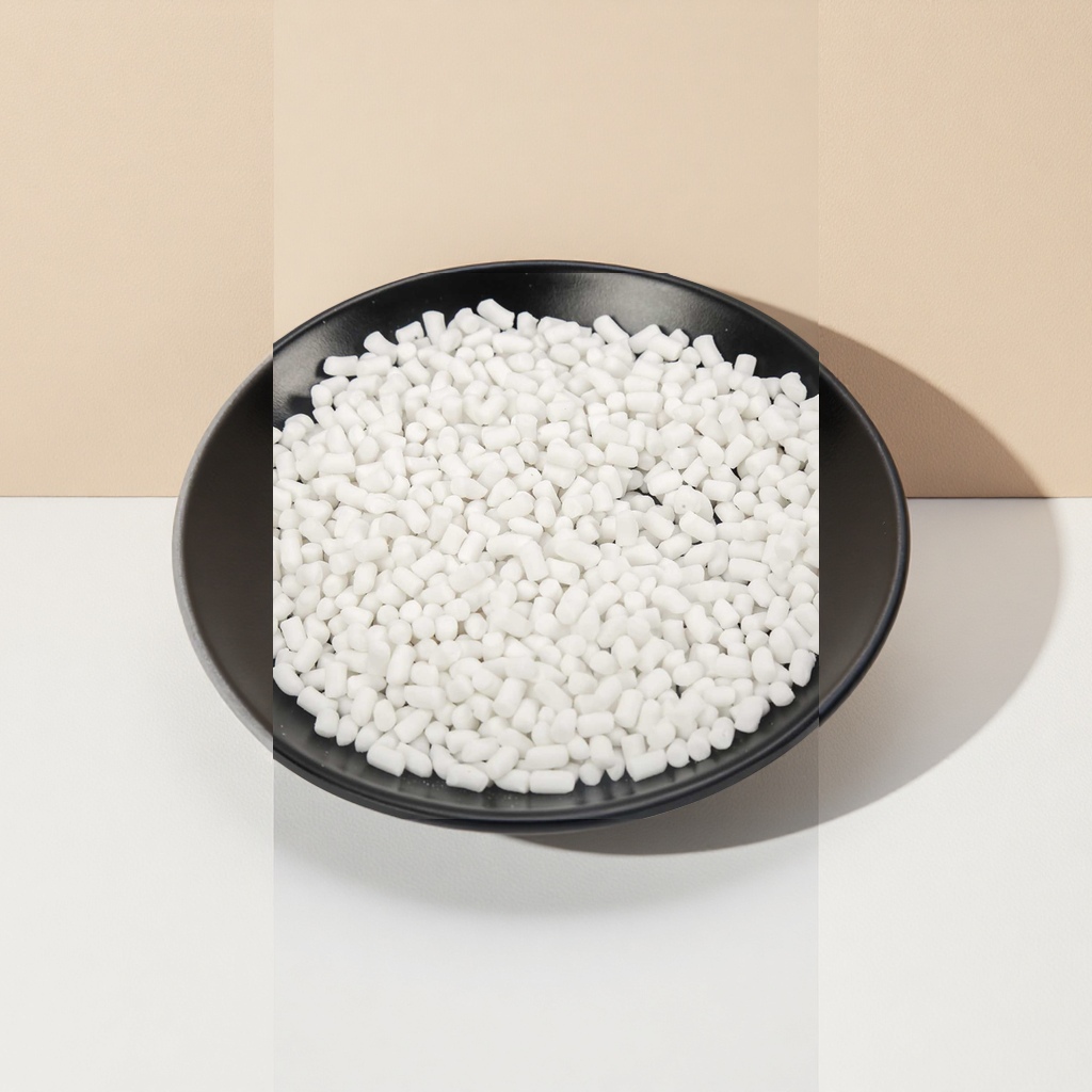A white granular object is placed in a black plate details Picture