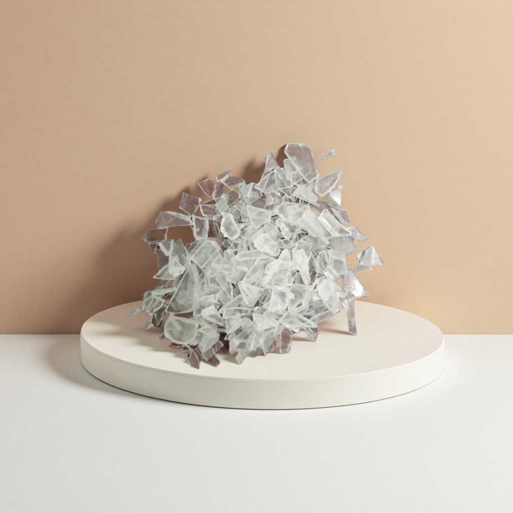 Creative home decor with transparent fragments stacked on dark wooden surfaces