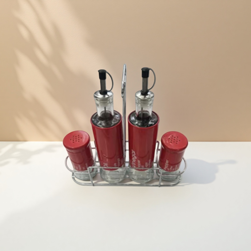 Red glass seasoning bottle set, 4-piece kitchen oil, salt, sauce and vinegar bottle set, simple home style Specification image