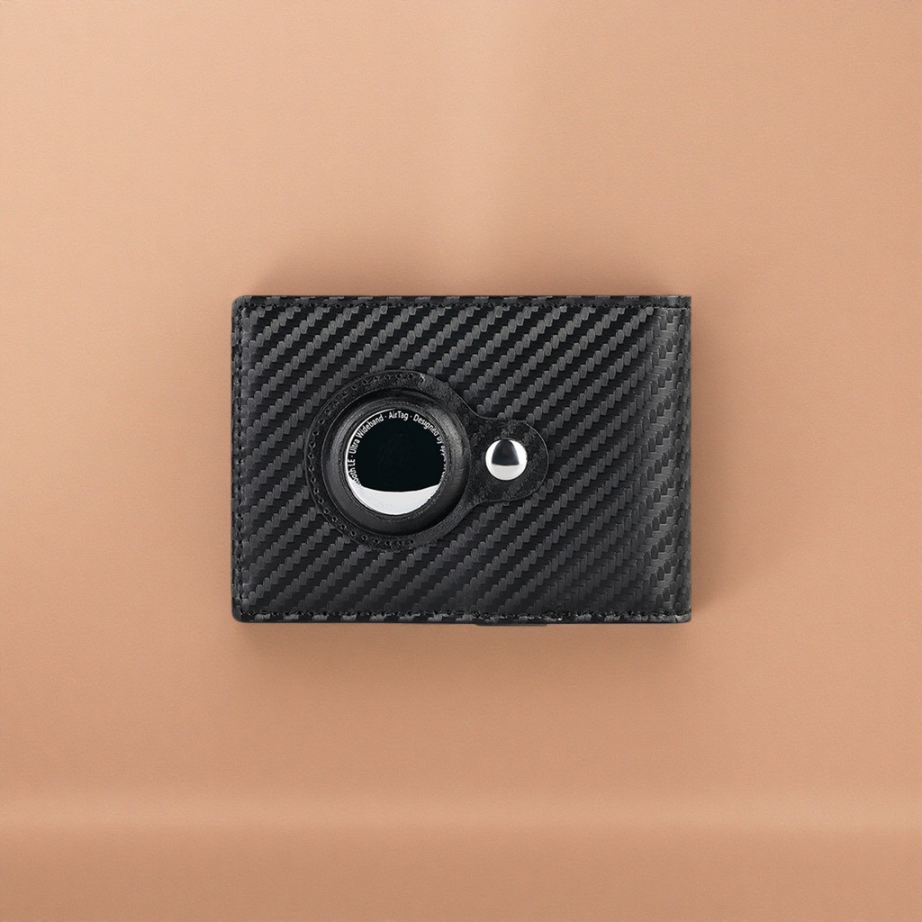 Black carbon fiber textured wallet with circular AirTag slot metal snap fasteners