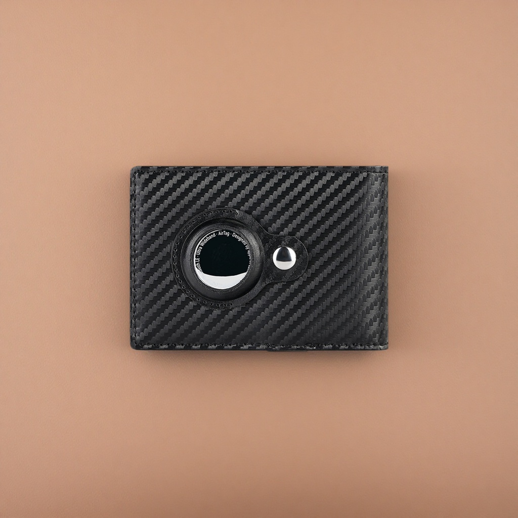 Black carbon fiber textured wallet with circular AirTag slot metal snap fasteners Application Scenario