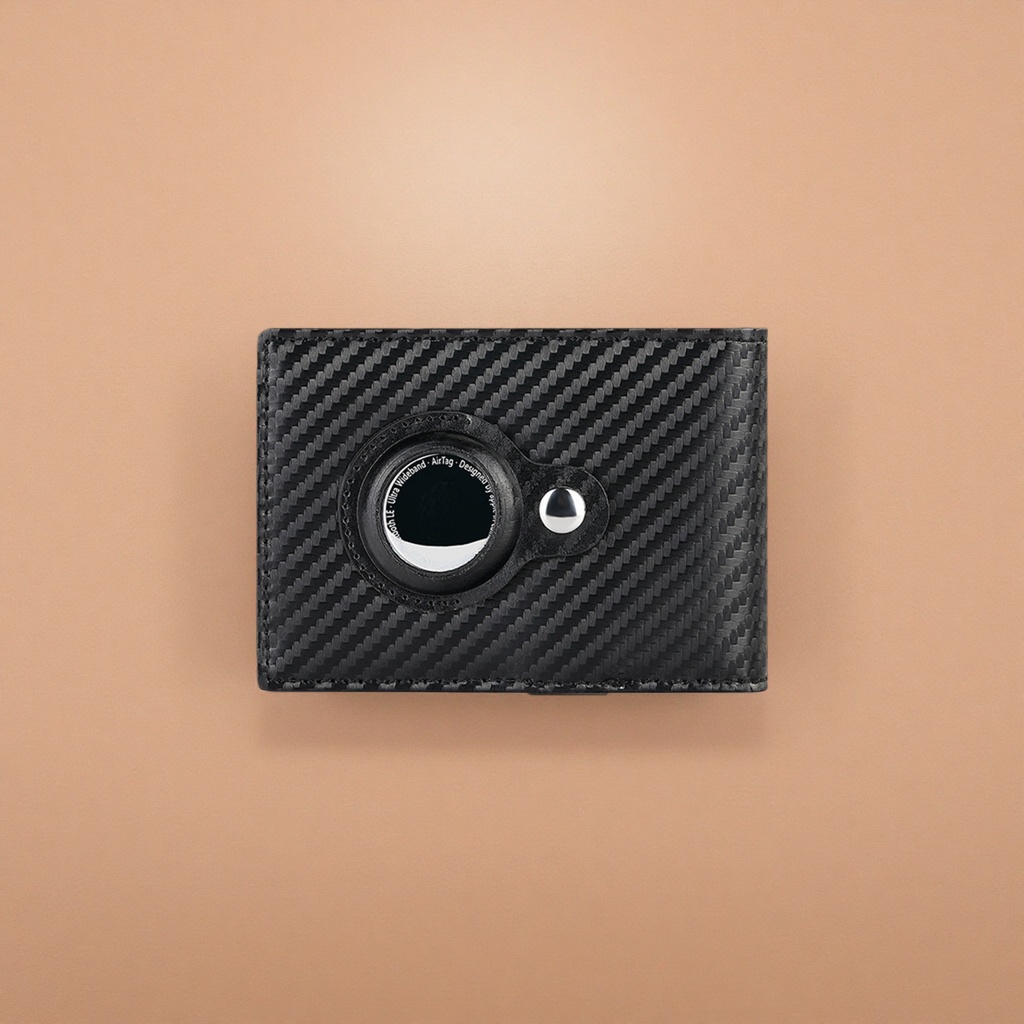 Black carbon fiber textured wallet with circular AirTag slot metal snap fasteners Specification image