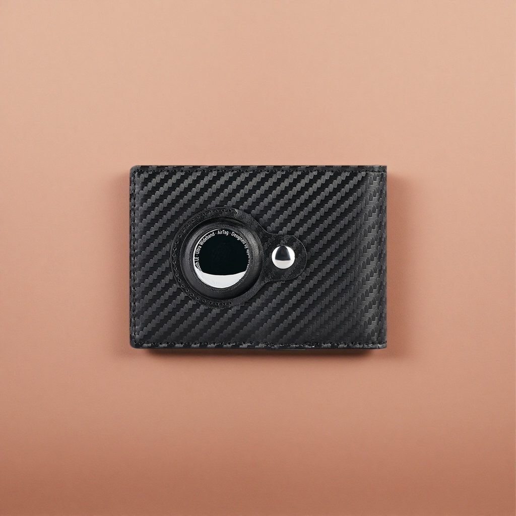 Black carbon fiber textured wallet with circular AirTag slot metal snap fasteners details Picture
