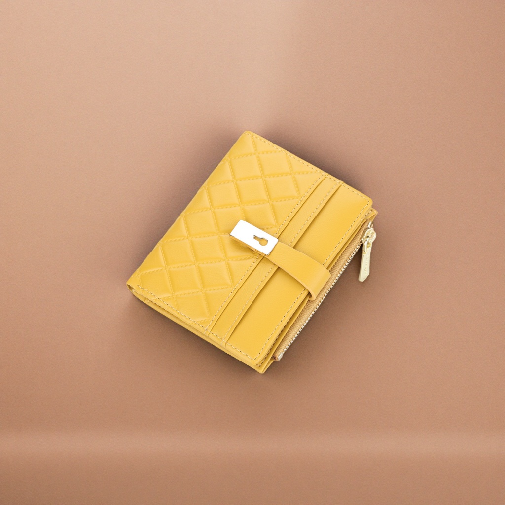 Yellow diamond-patterned genuine leather wallet, a fashionable and simple long wallet for women