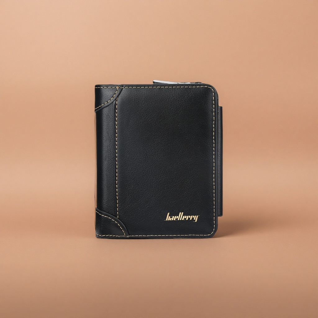 Black leather men's long wallet, genuine leather, simple business retro style details Picture