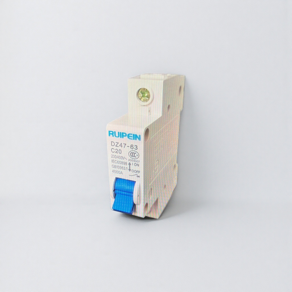 Household overload protection switch with white plastic housing circuit breaker and blue operating handle details Picture