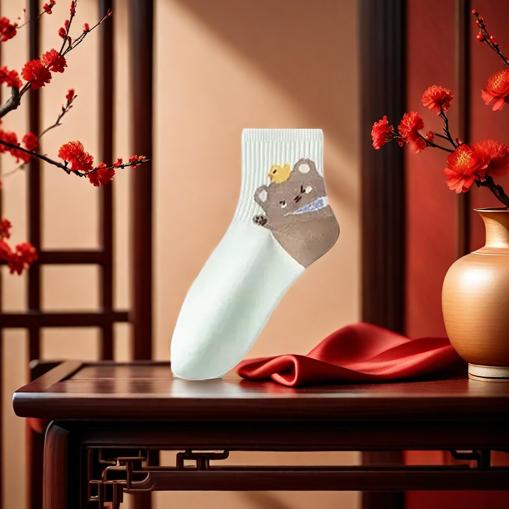 浅绿色条纹袜口小熊小鸟图案棉袜