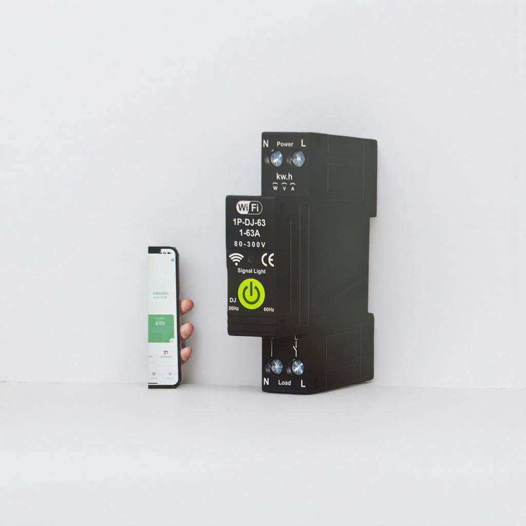 黑色WiFi智能断路器1P-DJ-63带PowerLN接线端子kWh计量SignalLight指示灯