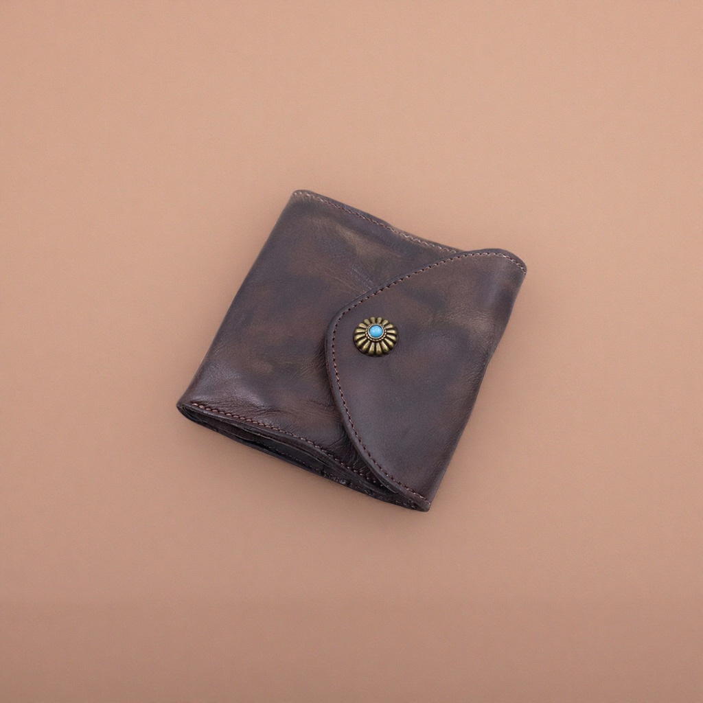 Dark brown genuine leather men's long wallet, simple business retro style details Picture
