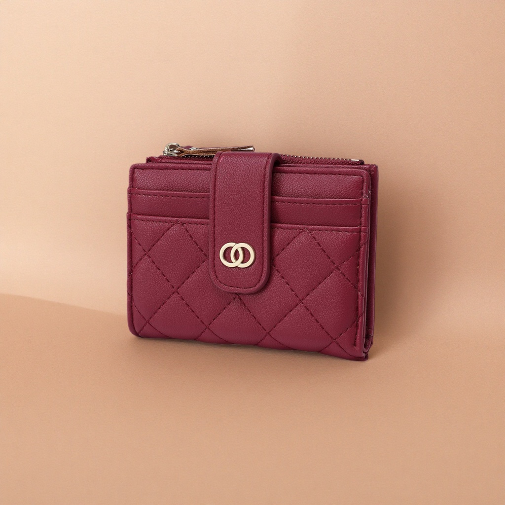 Wine red diamond-patterned short leather wallet for women