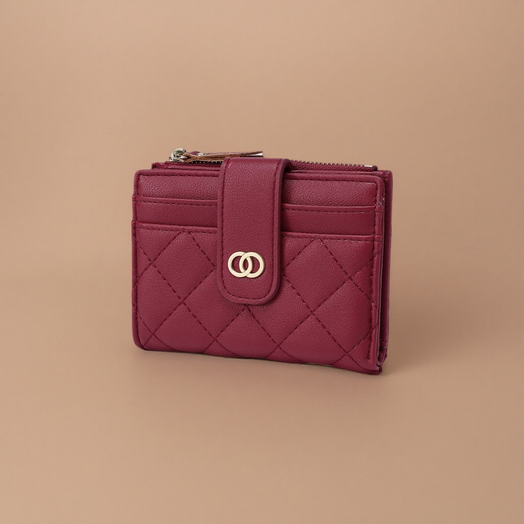 Wine red diamond-patterned short leather wallet for women details Picture