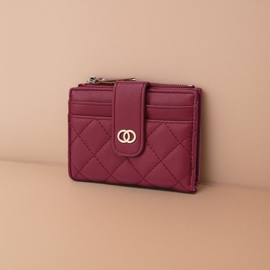 Wine red diamond-patterned short leather wallet for women Specification image