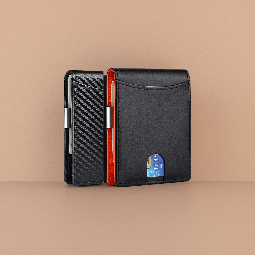 محفظة جلدية سوداء مع شريحة معدنية ذات بطانة برتقالية Specification image