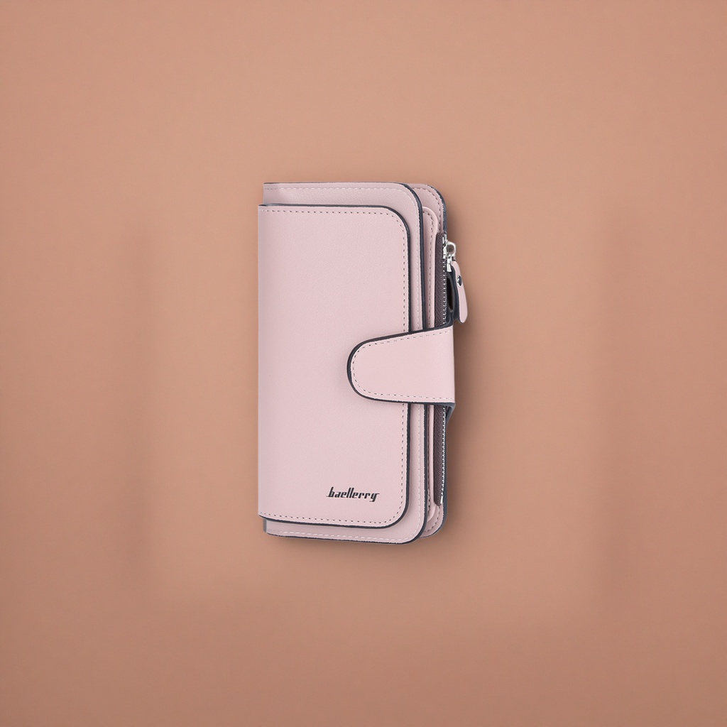 Pink lady's genuine leather wallet, simple and fashionable, small and long style with multiple slots details Picture
