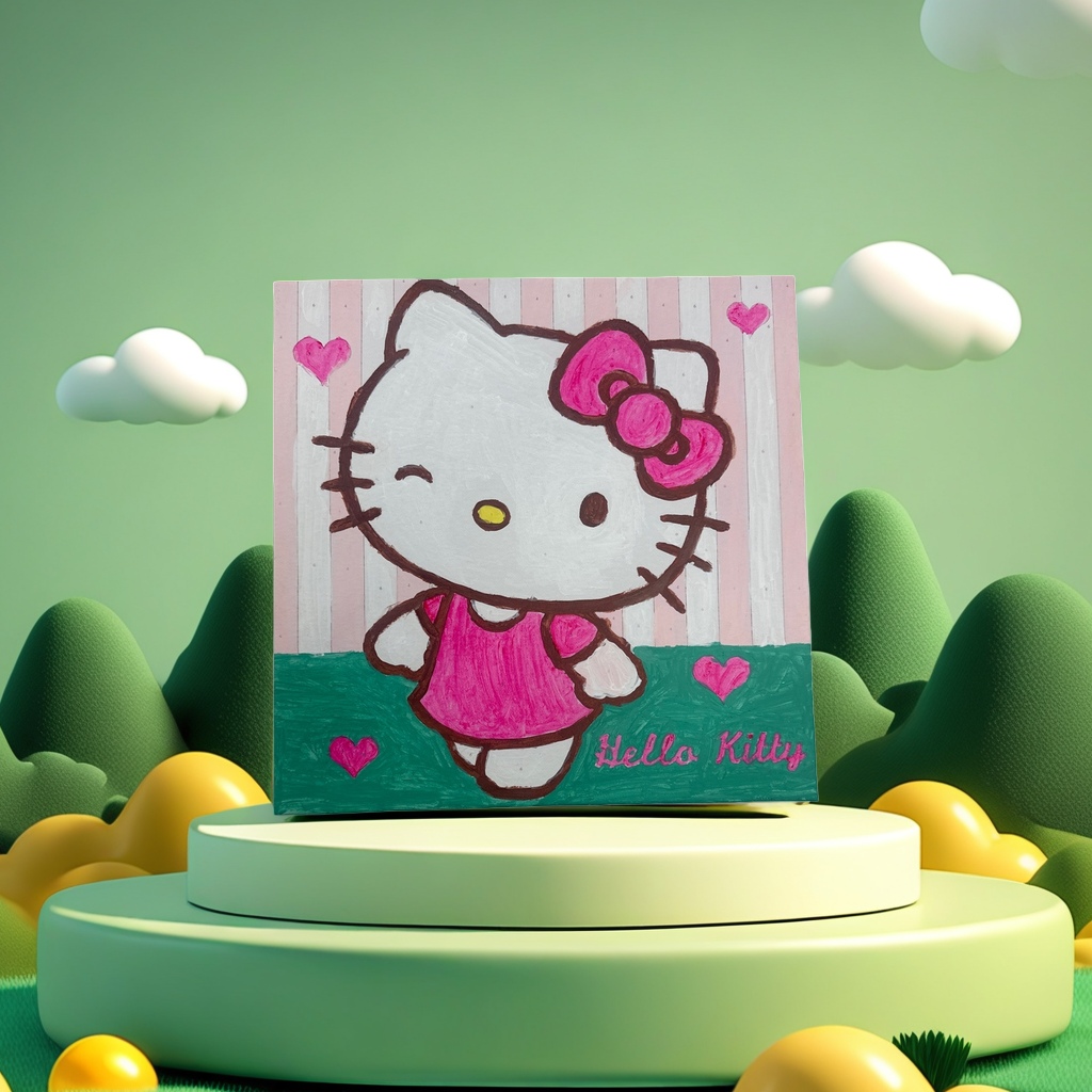 Hello Kitty hand-painted pink striped background decorative painting for home wall hanging details Picture