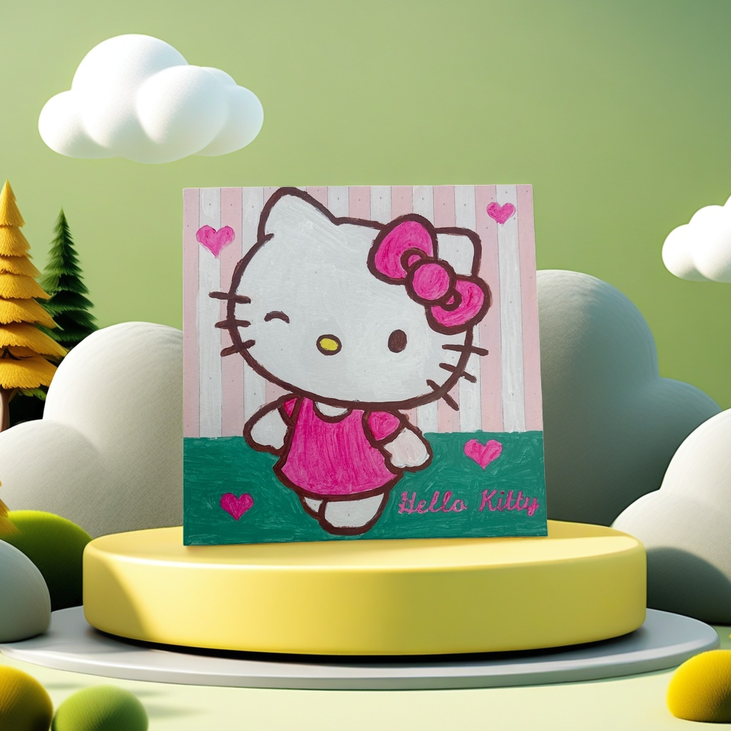 Hello Kitty hand-painted pink striped background decorative painting for home wall hanging